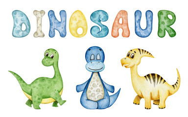 Collection cute cartoon watercolor baby dinosaurs. Watercolor hand drawn lettering. Clipart isolated on white background. Illustration for kids room, birthday, child party