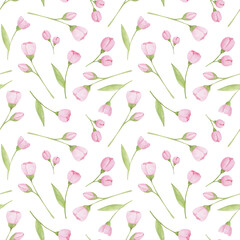 Seamless pattern with pink flowers on white background.  Watercolor spring pattern, simple botany elements. Texture for girl fabric, wrapping paper, nursery wallpaper. Soft floral background.