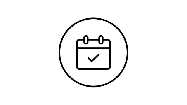 Calendar check line icon add inside circle, check sign, black outline, line icon outline animation, black and white.