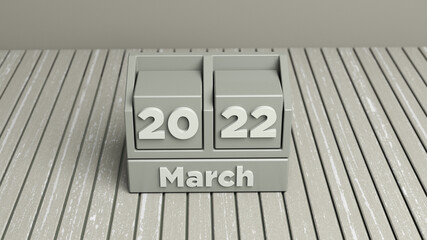 Evergreen fog-colored cubic March 2022 calendar. Horizontal composition with copy space. Focused image.