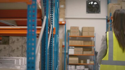 Team leader with digital tablet in distribution warehouse training female intern- shot in slow motion