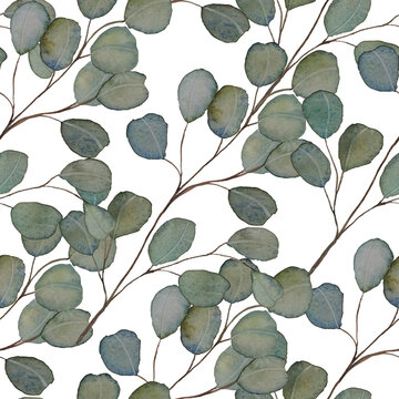 Green eucalyptus branch seamless pattern. Foliage watercolor background. For printing on fabric and wallpaper. Floral print. Natural leaves backdrop. © Olga Shulgina