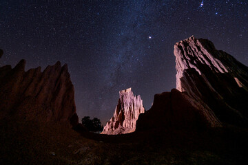 Milky Way Galaxy, Long exposure Photograph with grain. The milky way over the canyon at lalu rock...