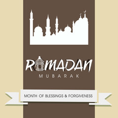White Ramadan Kareem Font With Laser Cut Lantern, Silhouette Mosque On Brown Background.
