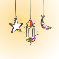 Fototapeta na wymiar Muslim Community Festival Concept With Doodle Style Arabic Lanterns, Stars Hang On Pastel Orange Background.