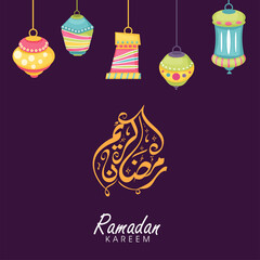 Arabic Calligraphy Of Ramadan Kareem With Different Style Traditional Lanterns Hang On Purple Background.