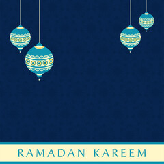 Ramadan Kareem Greeting Card With Arabic Lanterns Hang On Blue Floral Or Mandala Pattern Background.