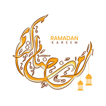 Orange Arabic Calligraphy Of Ramadan Kareem In Crescent Moon Shape And Lanterns Hang On White Background.