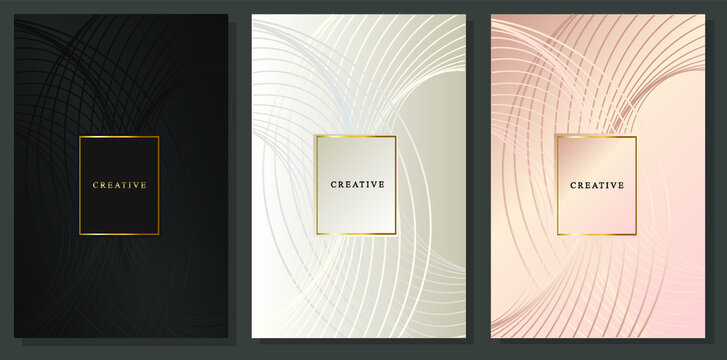 Luxury design covers set. Graphic of curved golden lines crossed on platinum, black and delicate pink background.