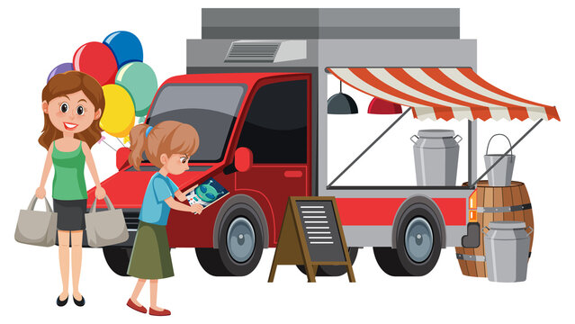 People and food truck on white background