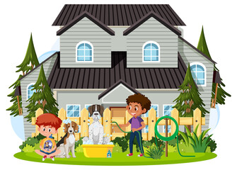 Obraz na płótnie Canvas Happy boy washing his dog in front of house cartoon
