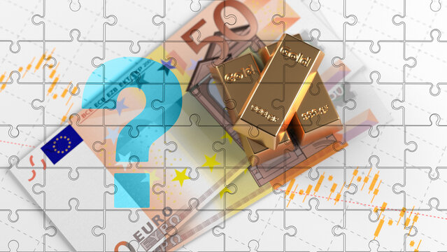 Gold ingot fifty euro banknote and question mark symbol. On the financial chart. Horizontal composition with copy space. Focused image.