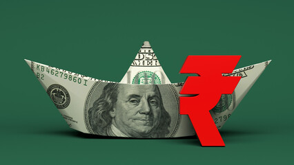 Red-colored rupee symbol and ship-shaped American one hundred dollar bill. On dark green-colored...