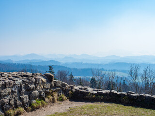 View from the top of Schauenberg over the walls of a former castle in the hills around Zurich,...