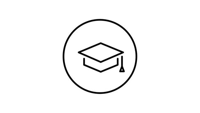 Graduation cap line icon inside circle, education graduate, black outline, line icon animation.