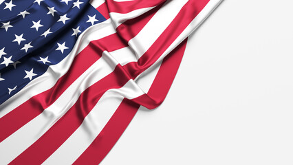 United State of America national flag. on the white-colored background. Horizontal composition with copy space. Isolated with clipping path.