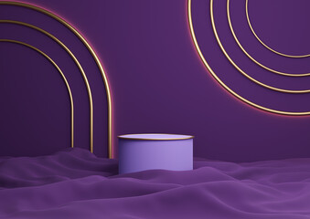Dark purple, violet 3D rendering luxurious product display cylinder podium or stand with golden lines minimal composition with an arch geometric shining lights