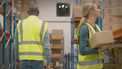 Manager with digital tablet in distribution warehouse training female intern- shot in slow motion