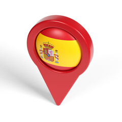Spanish flag and red-colored map pointer. On White-colored background. Horizontal composition with copy space. Isolated with clipping path.