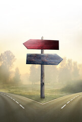 wooden signposts for two different roads
