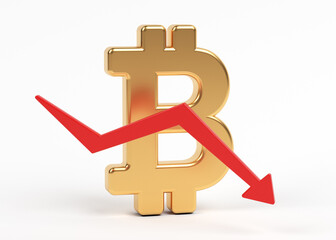 Gold-colored Bitcoin symbol and finance arrow. On white-colored background. Horizontal composition with copy space. Isolated with clipping path.