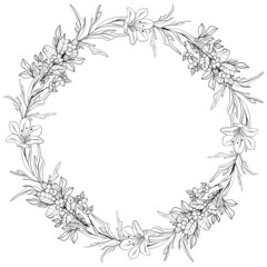 Flower wreath. Composition from botanical elements. Flowers and leaves in line art style.