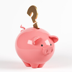 Gold-colored Question mark and Piggy-bank. On white-colored background. Square composition with copy space. Isolated with clipping path.