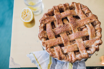 high angle view of lattice crust apple pie