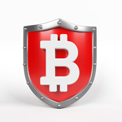 White-colored Bitcoin symbol and red-colored shield icon. On white-colored background. Square composition with copy space. Isolated with clipping path.