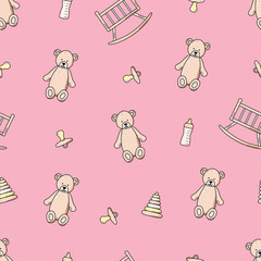 Seamless pattern teddy bear, cradle and rattles. Vector illustration background wallpaper concept of a newborn or small child.