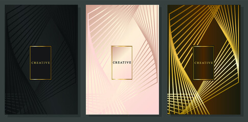 Luxury design covers set. Abstract geometric background with crossed lines. Elegant style of black, brown and delicate pink gradient color.