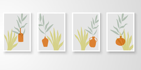 Set of wall art with frames.Modern line art drawing with abstract organic shape composition green tone. plants, orange pot art vector illustration.