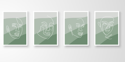 Set of wall art with frames. Modern line art drawing with abstract organic shape composition green theme. Women face one line vector illustration.