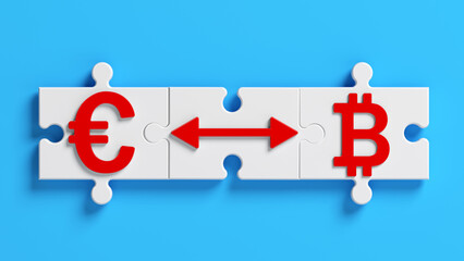 Red-colored arrow Bitcoin Euro symbols and white-colored jigsaw puzzle pieces. On blue-colored background. Horizontal composition with copy space. Isolated with clipping path.