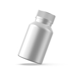 Metallic pill jar mockup template, matte medicine bottle for capsules and tablets on isolated white background, 3d illustration 