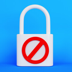 Red-colored banned sign and white-colored lock icon. On blue-colored background. Square composition with copy space. Isolated with clipping path.