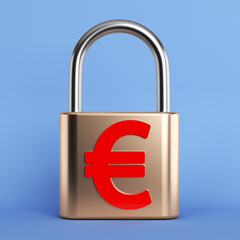 Red-colored euro symbol on lock.On blue-colored background. Square composition with copy space. Isolated with clipping path.