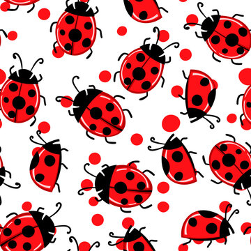Fashion animal seamless pattern with colorful ladybird on white polka dots background. Cute holiday illustration with ladybags for baby. Design for invitation, card, fabric, textile