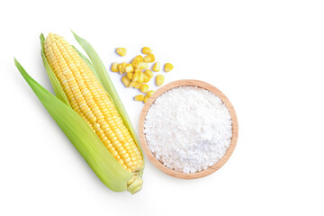 Corn starch in wooden bowl and fresh sweet corn with kernels isolated on white background. Top...