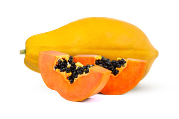 Ripe papaya with slices isolated on white background.