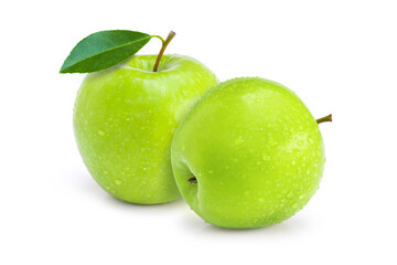 Two green granny smith apples fruit with leaf and water droplets isolated on white background. - obrazy, fototapety, plakaty