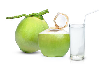 Fresh coconut juice (coconut water) and young green coconut fruit isolated on white background.