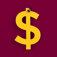 Orange-colored Dollar symbol. On burgundy-colored background. Square composition with copy space. Isolated with clipping path.