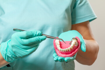 Dentist's hands with layout of the human jaw and dental instrument.