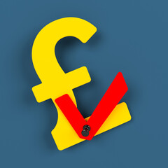 Orange-colored Pound symbol and checkmark. On a charcoal blue-colored background. Square composition with copy space. Isolated with clipping path.