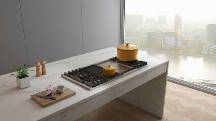 Yellow pot on gas hob, or stove, in a luxury modern kitchen at corner by a big window. marble kitchen table, 3D rendering