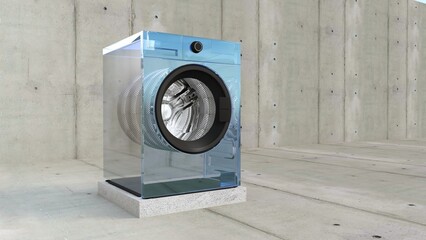 Transparent washing machine or washer in a room, concrete background, grey wall, 3D rendering.