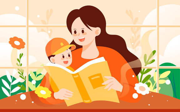 Mom is telling a story to her child, mother hugs her son, vector illustration