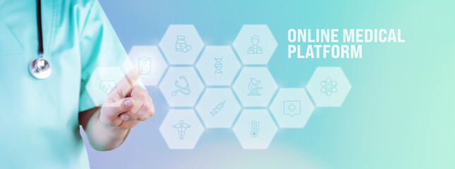 Online medical platform. Male doctor pointing finger at digital hologram made of icons. Text with...