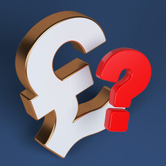 Gold-framed white-colored Pound symbol and red-colored question mark. On a dark navy blue-colored background. Square composition with copy space. Isolated with clipping path.